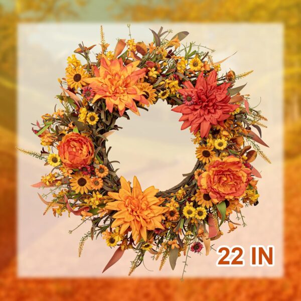 J'FLORU 22 Inch Artificial Fall Wreath Autumn Wreaths for Front Door Thanksgiving Wreath with Peony Dahlia Daisy Flowers for Thanksgiving Day Harvest Festival Wall Porch Indoor Outdoor